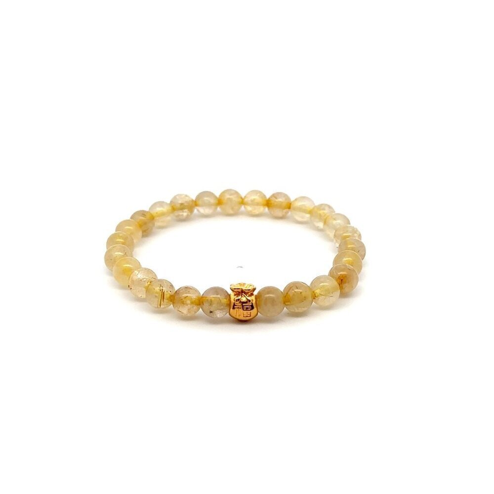 18K Gold Money Bag Lucky Charm Bracelet Gemstones Natural Rutilated Quartz 6mm